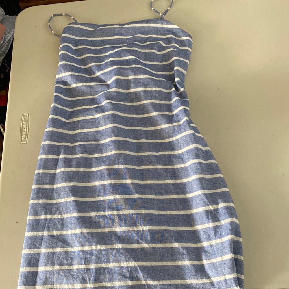 Light blue and white striped short dress.